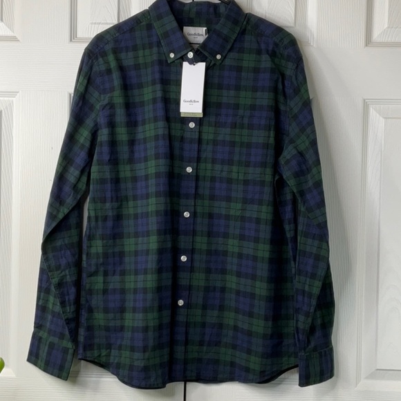 GOODFELLOW Mens Blue Green Plaid Standard Fit Front Bottom Midweight Shirt Large - Picture 2 of 8